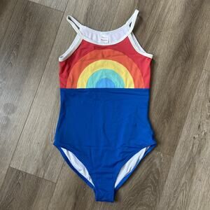 Hanna Andersson one piece swimsuit Girl Sz 14-16 Blue Rainbow Graph High Neck